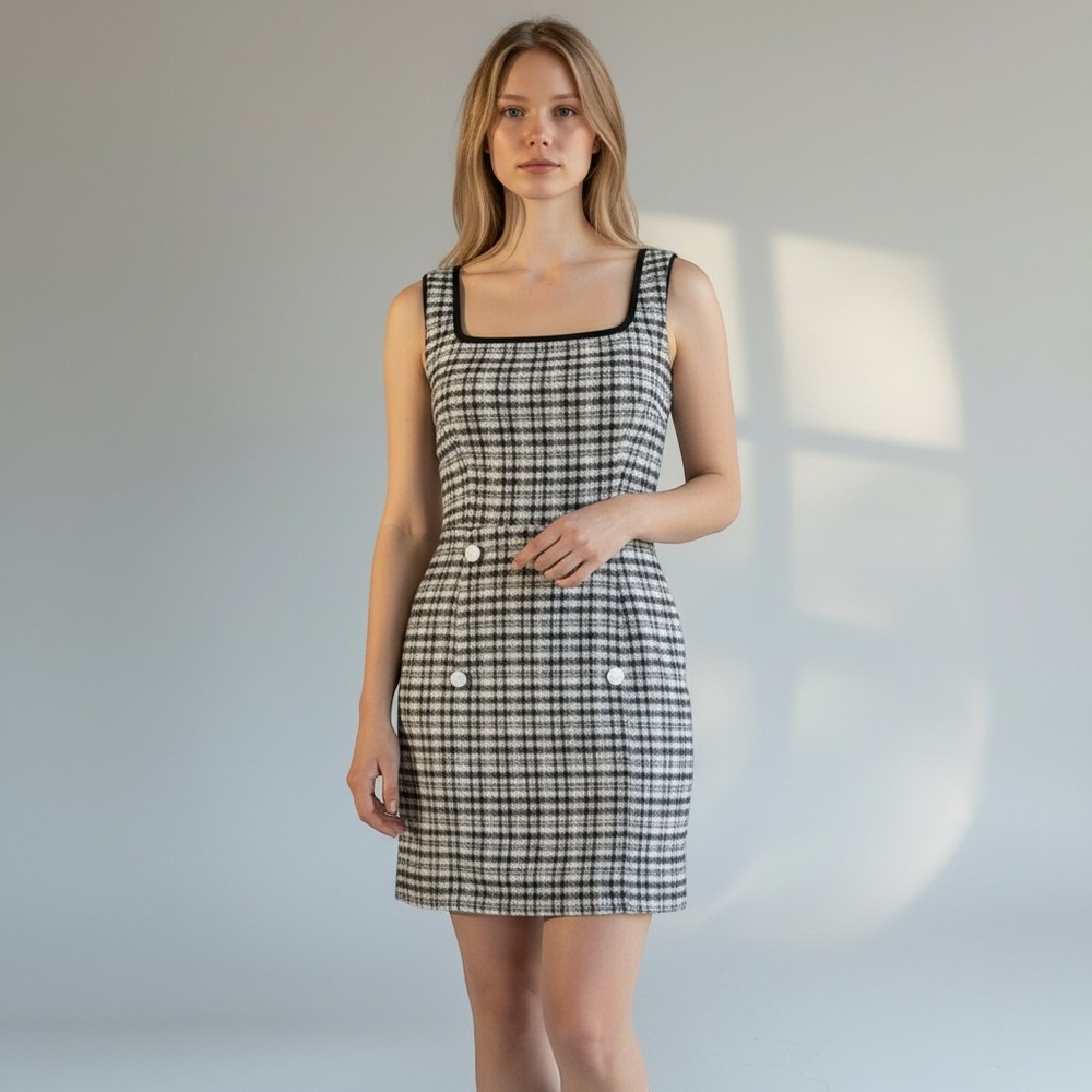 Francesca's Plaid Tweed Mini Dress Square Neck Rhinestone Button XL 26FB67ZTWD